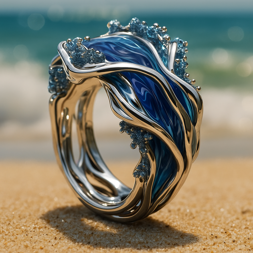 Anel Antigo Dourado em Forma de Ondas do Oceano